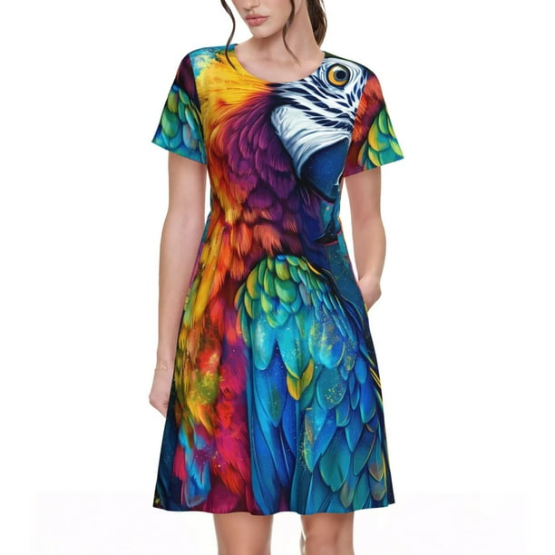 Easygdp Colorful Parrot Jungle Dream para Vestido Transpirable de Mujer, Vestido Suelto de Manga Corta con Pliegues y Bolsillos para el Verano