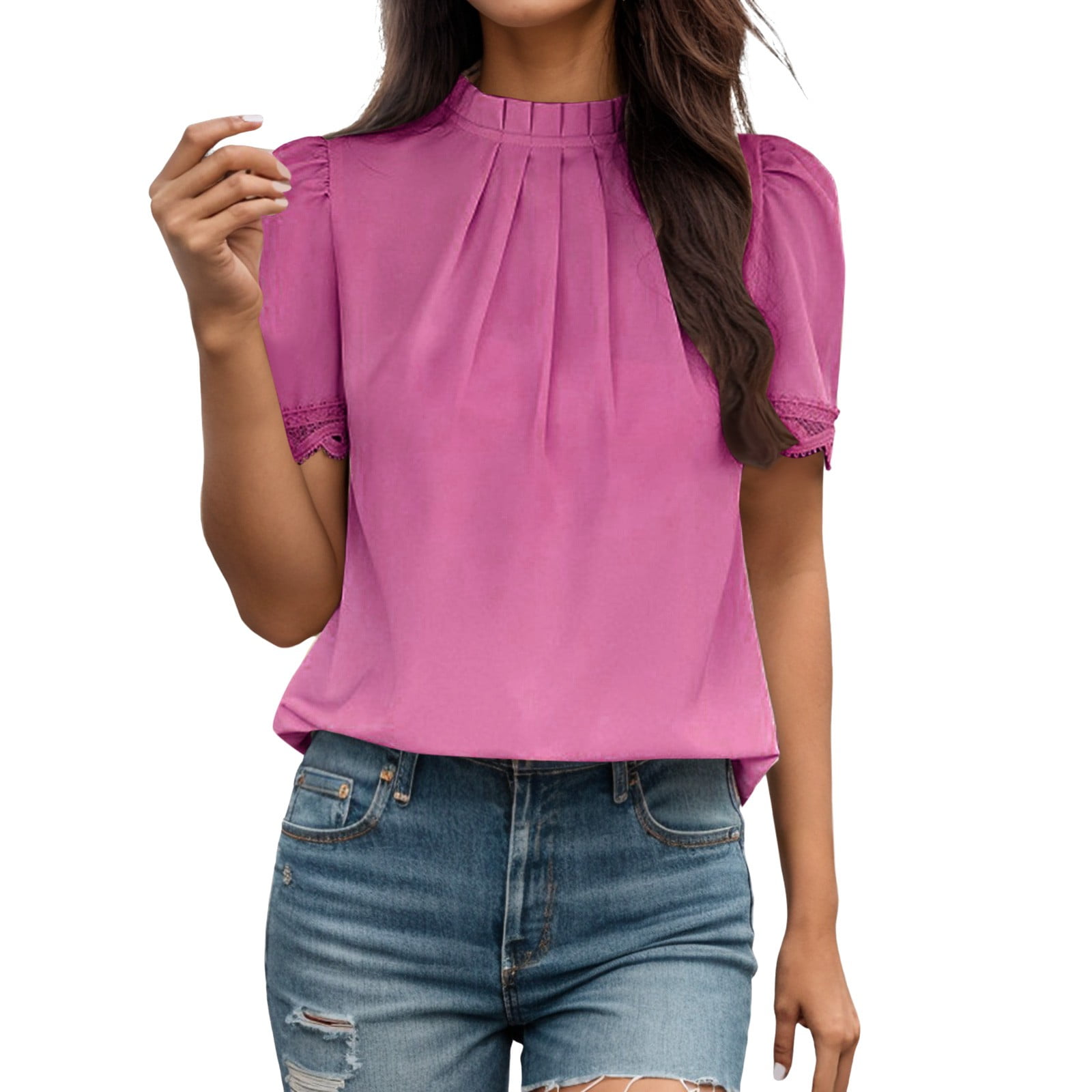 WEIYLL T-Shirts Women Solid Temperament Loose Short Sleeve Mock Neck Ruffles Pink Tee Sizes L