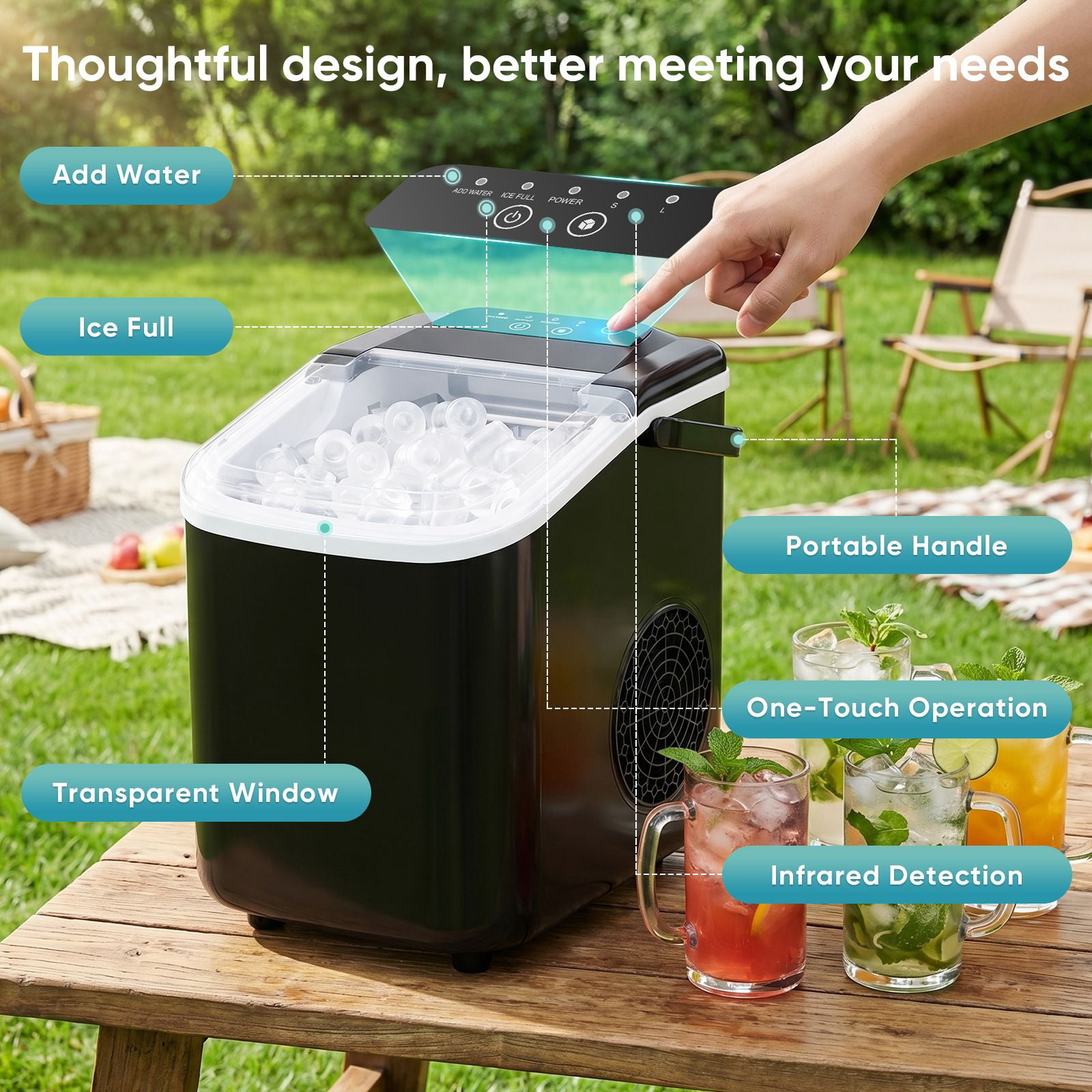 ZHICHUN Portable Desktop Ice Maker 6-8 Mins Fast Ice Machine with Handle Basket Spoon Self-Cleaning