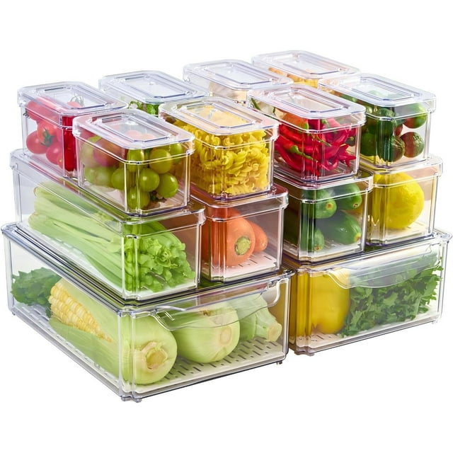Organizador de refrigerador con Tapas,14 PZS Organizadores de Nevera,Transparente,Sin BPA,Contenedores de Almacenamiento de frutas,con Bandeja de Drenaje,para Almacenar Alimentos,Verduras,Frutas