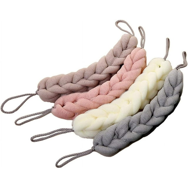 Paquete de 4 esponjas elásticas largas para la espalda con asas de cuerda, esponja exfoliante para baño, ducha, cuerpo, trenzada y elástica, para hombres y mujeres