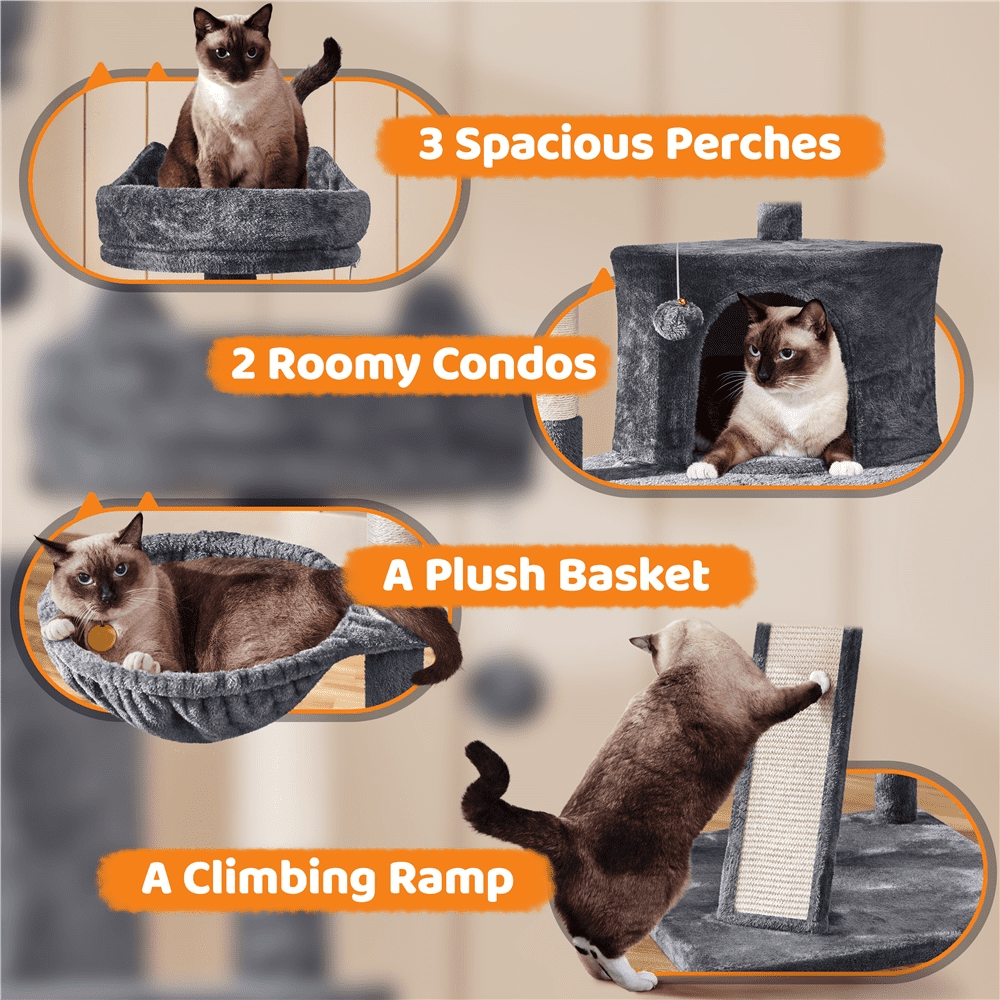 Alden Design 68.5"H Large Multilevel Cat Tree Tower with Condos and Perches, Dark Gray