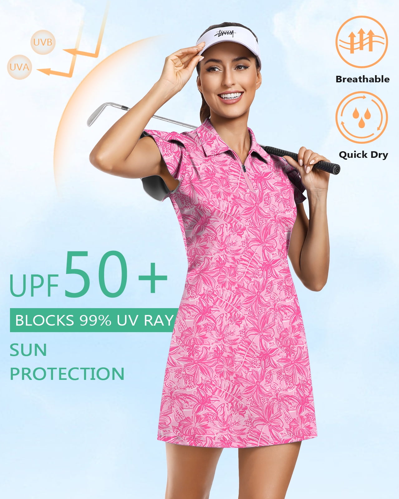 Women’s Floral Ruffle Sleeve Tennis Dress with 1/4 Zip and Built-in Shorts Athletic Tennis Dress with Pockets