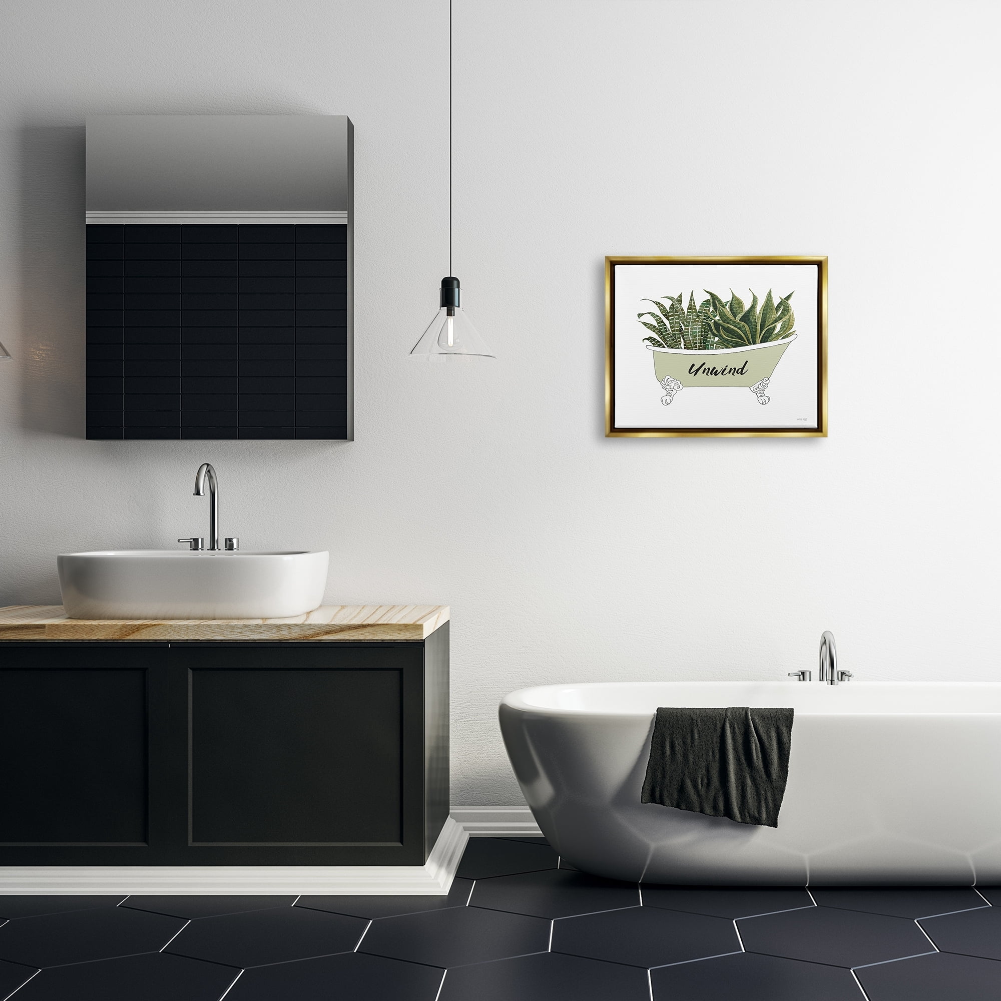Stupell Industries Snake Plant in Tub Unwind Bath Typography Graphic Art Metallic Gold Floating Framed Canvas Print Wall Art, Design by Cindy Jacobs