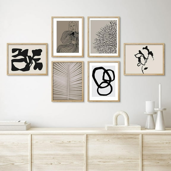 PixonSign Framed Canvas Print Wall Art Set - Mid-Century Paint Stroke Palm Leaf & Humanities Pattern - Set of 6 Abstract Geometric Minimalism Poster Cultural Art Wall Décor - 8"x10"x6 Natural