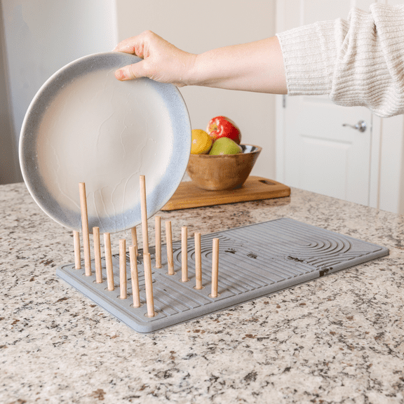 Diatomite Stone Drying Mat with Bamboo Dish Rack Plus Silicone Non Slip Mat - Eco-Friendly, Fast Drying