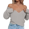 thumbnail image 5 of Women Long Sleeve Low Cut Sexy Knitted Wrap V Neck Cross Front Sweater Pullover, 5 of 6