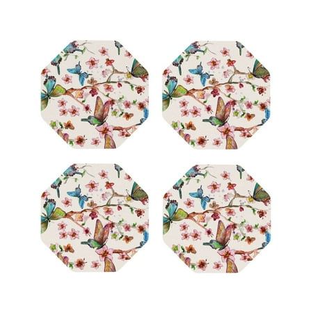 

Fuzoiu Watercolor Floral With Butterflies Print Leather Coasters Set Drink Coasters Set of 4 for Tabletop Protection Durable PVC Coasters Home Décor and Housewarming Gift-Octagon