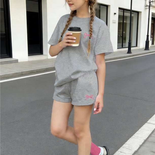 Conjuntos de blusas y camisas de cuello redondo y manga corta para niños, conjunto de dos piezas de top y pantalones cortos de manga corta con cuello redondo y manga corta para niños, top de poliéster