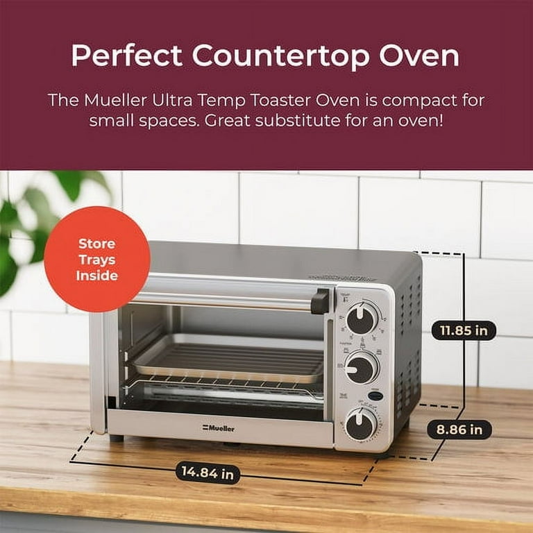 Mueller AeroHeat Convection Toaster Oven, 8 Slice, Broil, Toast, Bake,  Stainless Steel Finish, Timer, Auto-Off - Sound Alert, 3 Rack Position,  Removable Crumb Tray, Accessories and Recipes 