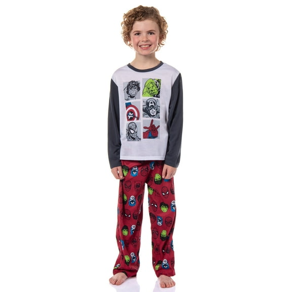 Marvel Comics Kid's Avengers Icons AOP 2-Piece Long Sleeve Jersey Elastic Waist Long Pajama Pant PJ Sleep Set Loungewear