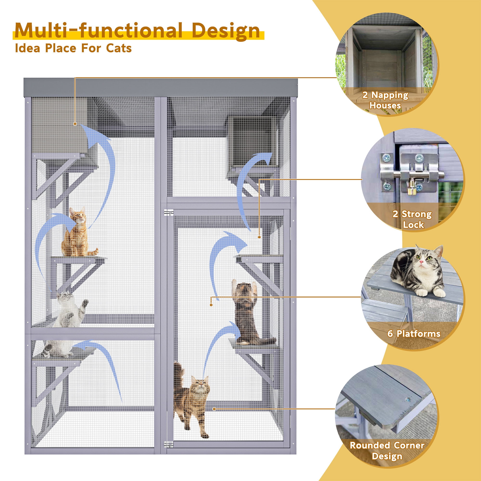 70" Catio Outdoor Cat Enclosure Indoor cage, large Wooden Cat House with Waterproof Roof, 4-Tier Playing Platforms & 2 Napping Houses with Connectable Window Door for Multiple Cats (Grey)