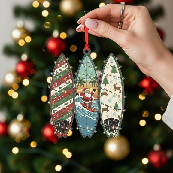 ViciArt Surfboard Christmas Ornament, Santa Decoration with Holiday Patterns, Acrylic/Fiber Wood