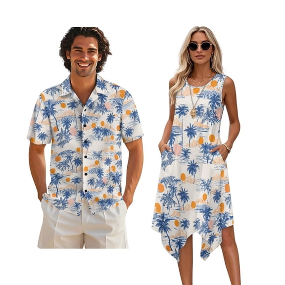 Xixirimido Tropical Palm Tree Sunset Print Hawaii Couple Matching Outfit Men's Hawaiian Shirt and Women's Summer Sleeveless Dress Soft Midi Beach Dresses Matchable Couple Outfits, 2XL