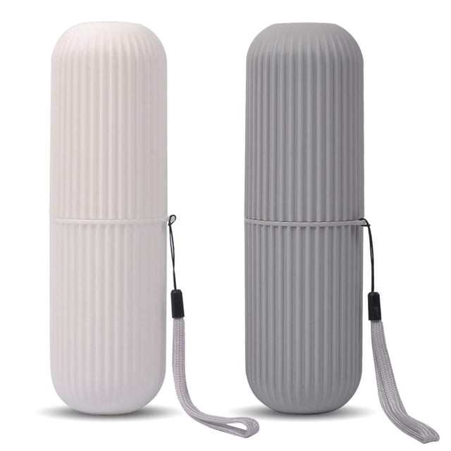 Estuche y portacepillos de dientes de viaje, 2 piezas, portátil, para viajes de negocios, organizador de vasos de lavado para viajes y uso diario (gris y blanco)