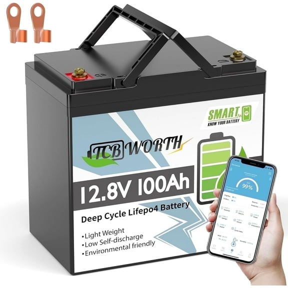 12V 100AH Mini LiFePO4 Lithium Battery Bluetooth,for RV,Solar,Marine,Camping,Trolling Motors,off Gird,Deep Cycles,TCBWORTH Group 22NF Battery,100A BMS