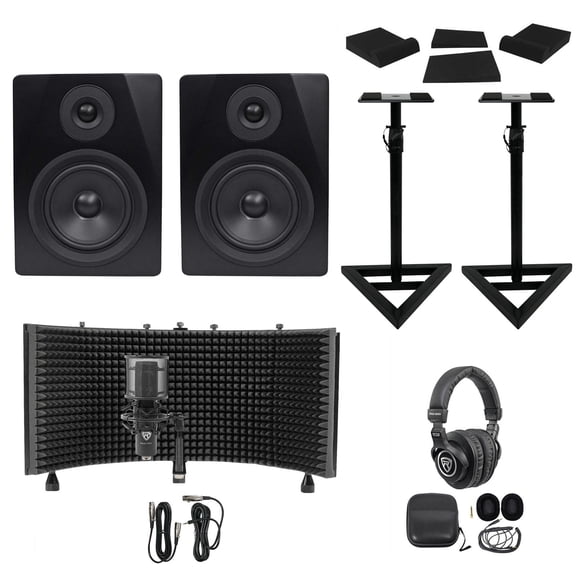 Rockville APM5B Bundle: 5.25" 2-Way 250-Watt Powered USB Studio Monitors, RVSM1 Pair of Monitor Stands, RRS190S Foam Isolation Pads, RCM PRO Studio/Recording Condenser Microphone, 4-items