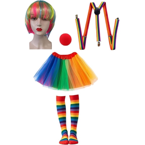 Adult Rainbow Outfit Clown Accessories Set, 5-Piece Tutu Skirt and Wig Combo with Striped Over-the-Knee Socks for Women Carnival Role-Play(xxw)