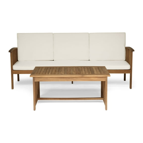 GDF Studio Giles Outdoor Acacia Wood Sofa and Coffee Table Set, Teak and Cream