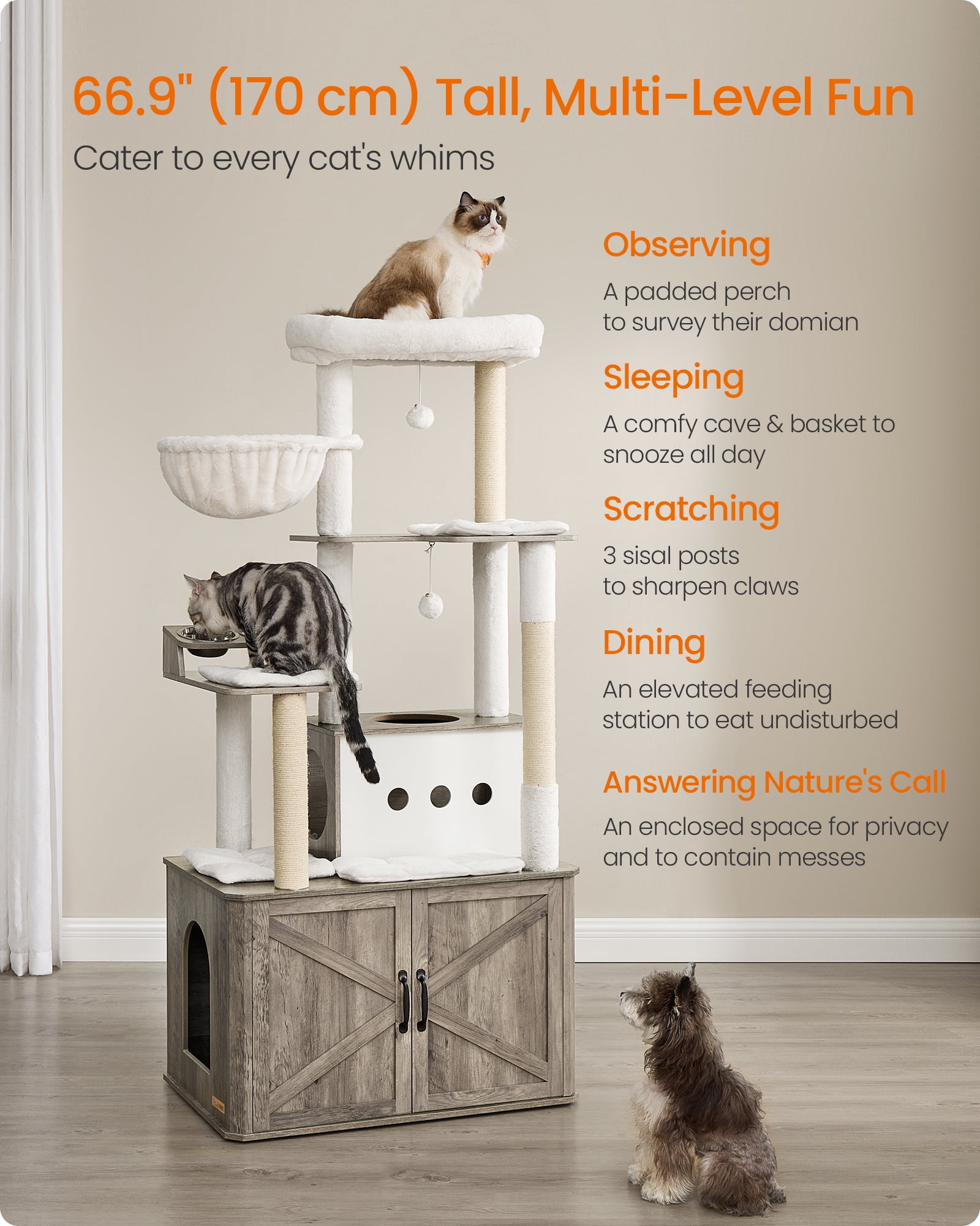 Cat Tree, 66.9-Inch Cat Tower with Litter Box Enclosure, Large Cat Condo with Scratching Posts, Food Station, Hammock, Washable Cushions, Heather Greige