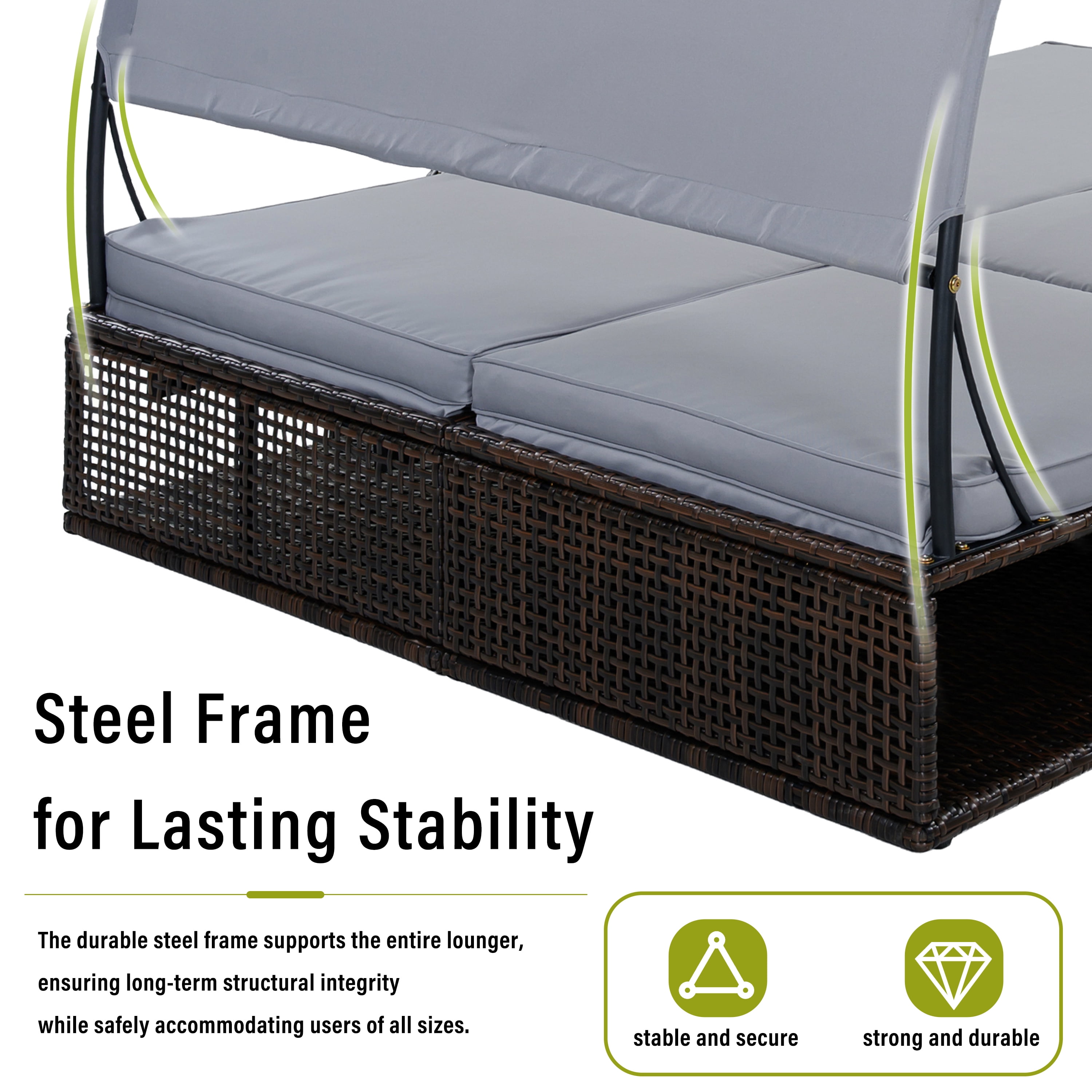 Mintazer 72.8" Outdoor Double Chaise Lounge with Adjustable Canopy & Pop-Up Side Table, Patio Double Sunbed with Arched Armrests for Patio Poolside, Brown & Gray