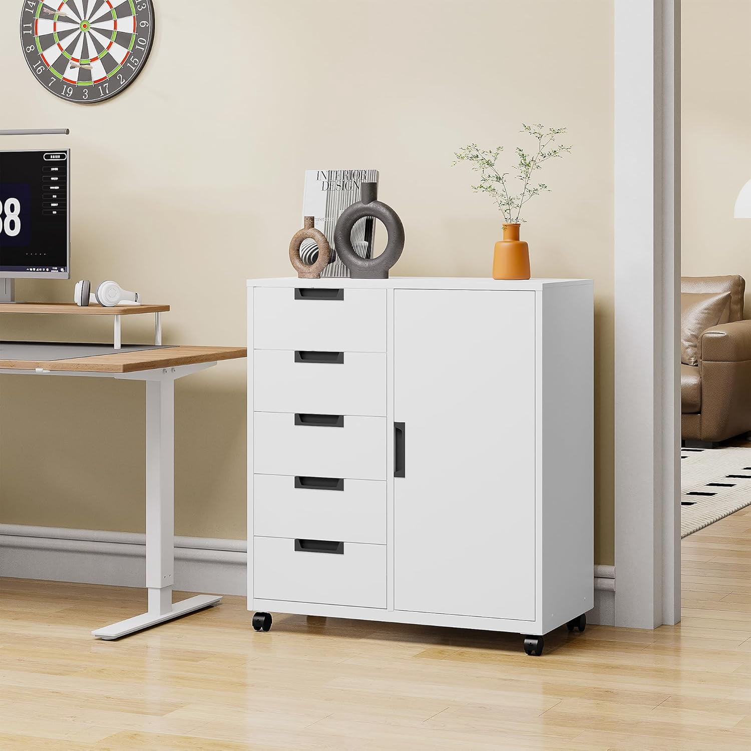 Office Storage Cabinet, 5 Drawer Metal Cabinet w/Universal Wheels, Printer Stand with Storage Shelves, Craft Storage Drawers, Rolling File Cabinets for Home Office (White)