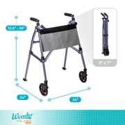 Stander Wonder Walker Plus, Lightweight Folding Rolling Walker for Seniors, Collapsible Travel EZ Fold-N-Go Walker with Wheels, Glides, Pouch, Compact Standard Walker, Blue