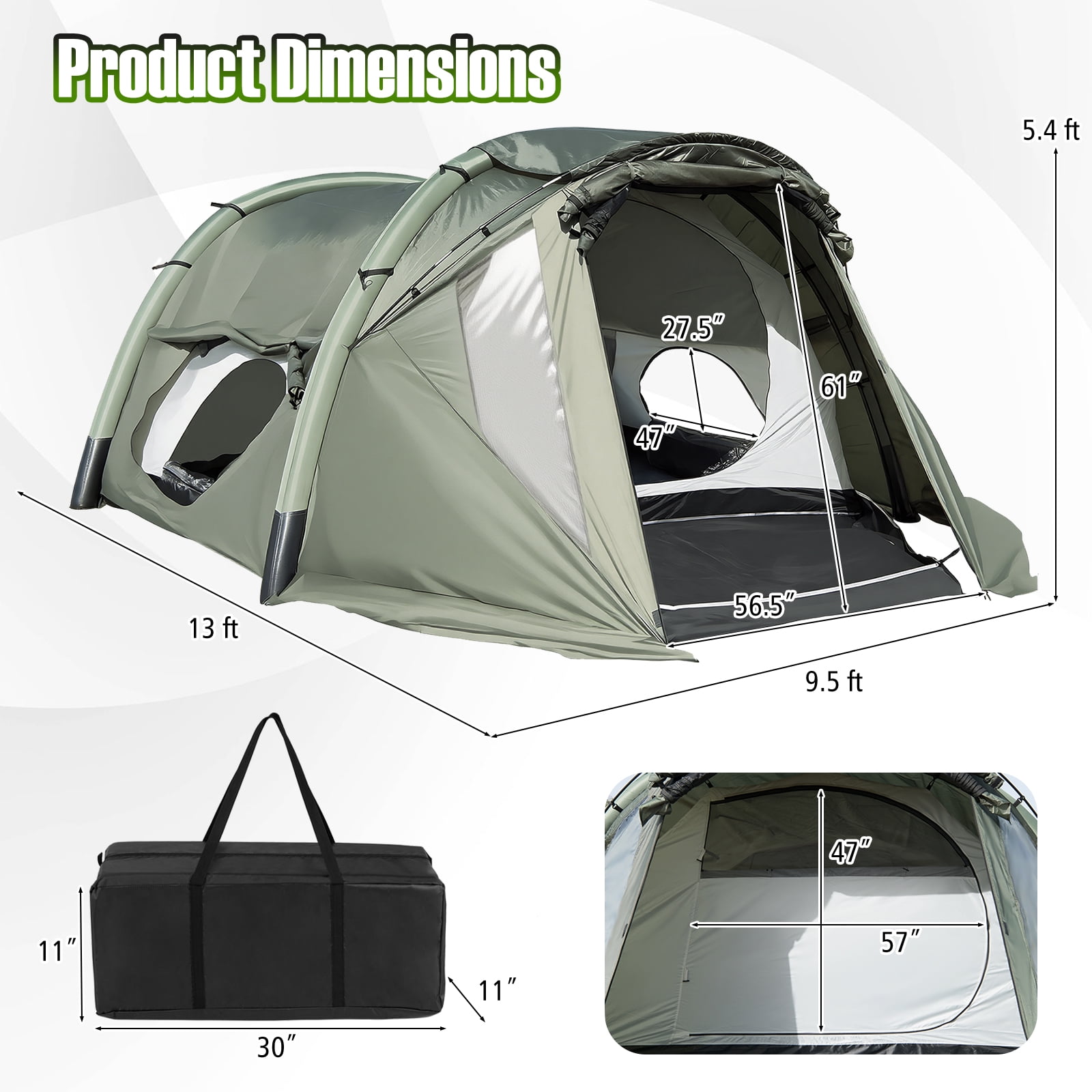 Costway Inflatable Camping Tent with Screened Porch, Mesh & Transparent Windows, Door