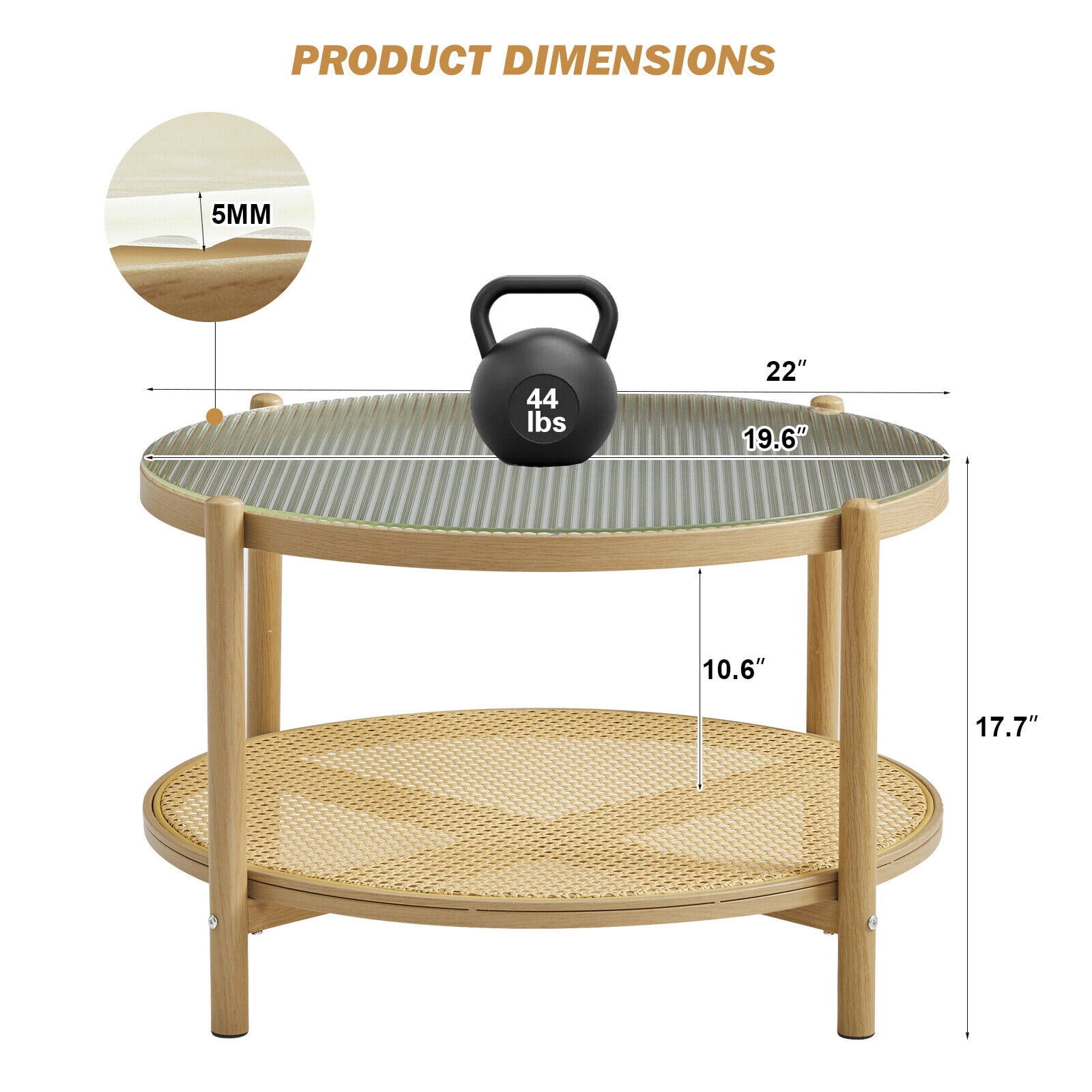 COSVALVE Set of 2 Round Rattan Coffee Tables 2-Tier Glass Metal Side End Table Bedroom Living Room