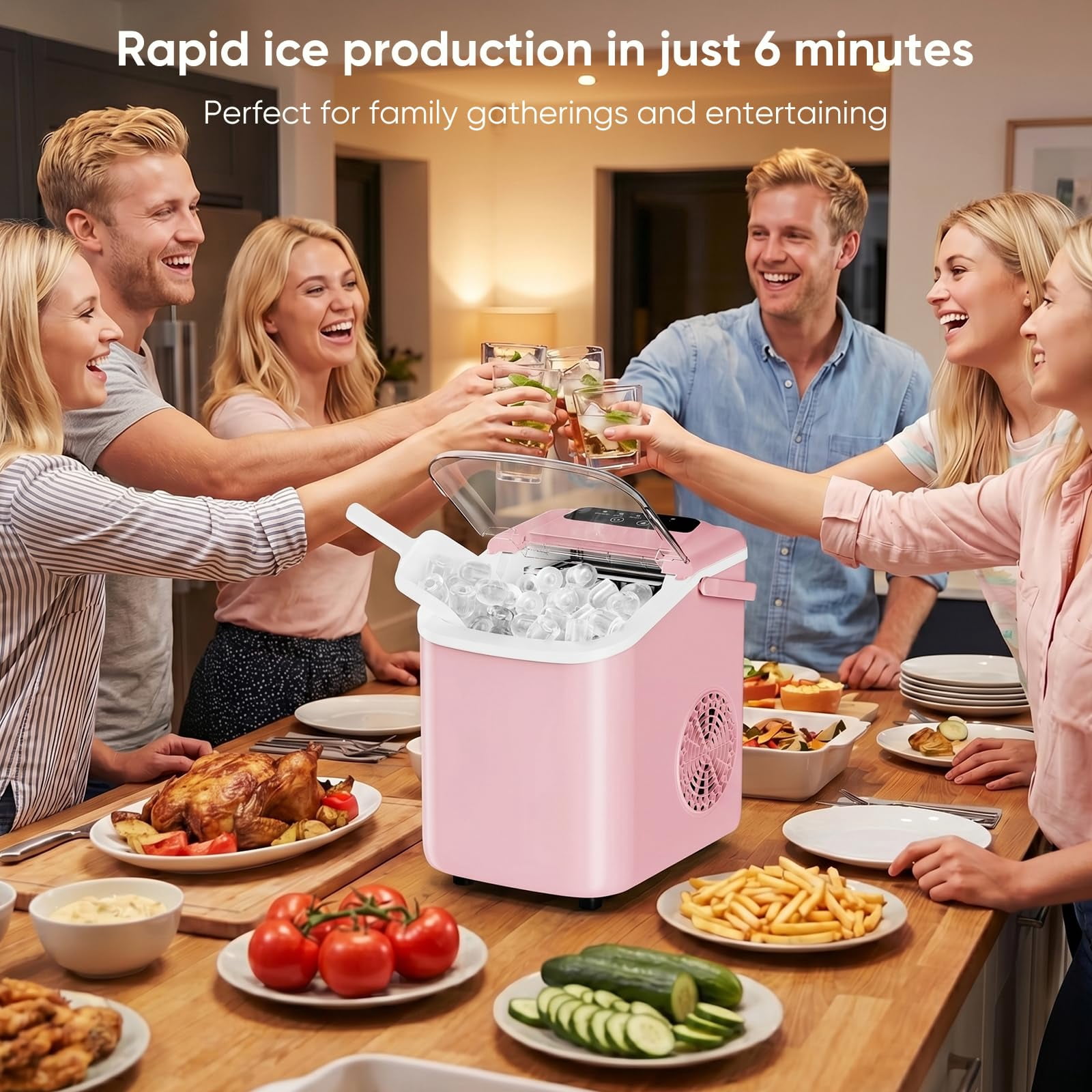 LIFERECORD Portable Ice Maker Countertop with Handle, 6 Mins for 9 Bullet Ice, 26lbs/24H, Self-Cleaning Compact Ice Machine for Home, Kitchen, Camping & Parties, Pink