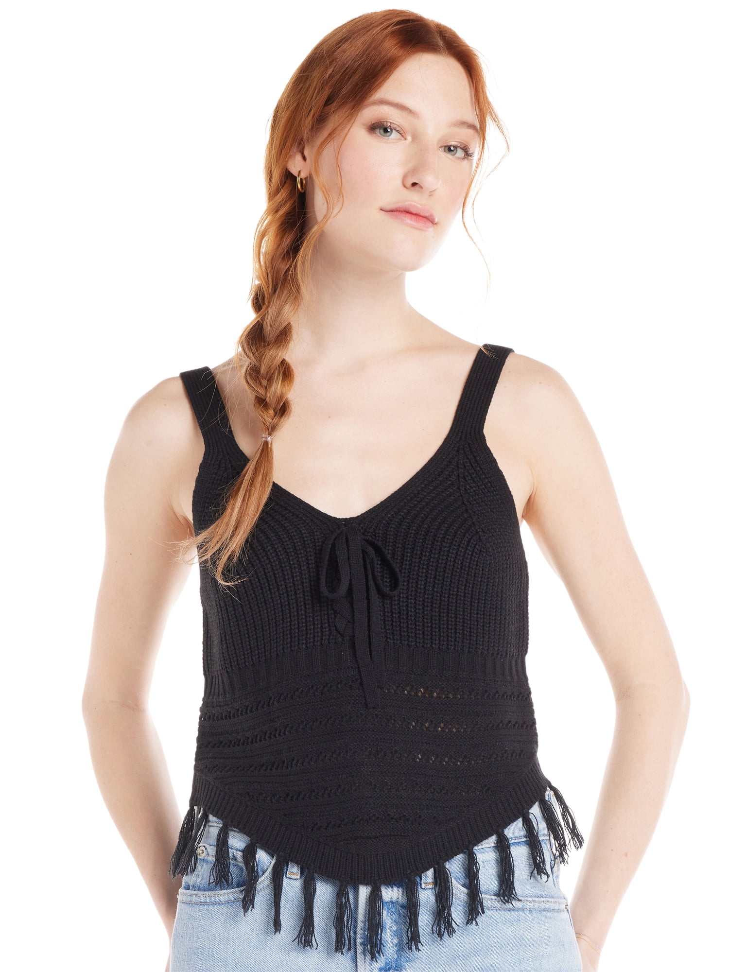 No Boundaries Sweater Tank Top with Fringe Hem, Women's and
