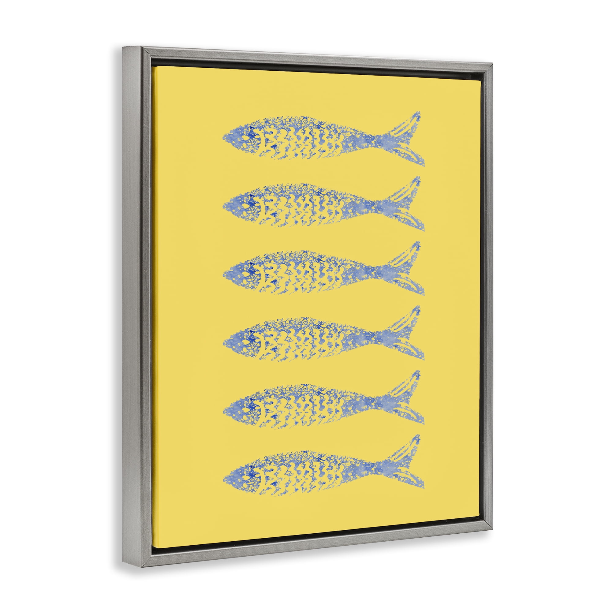Stupell Industries Sardine Stamps on Yellow Gray Framed Floater Canvas Wall Art, design by Julie DeRice