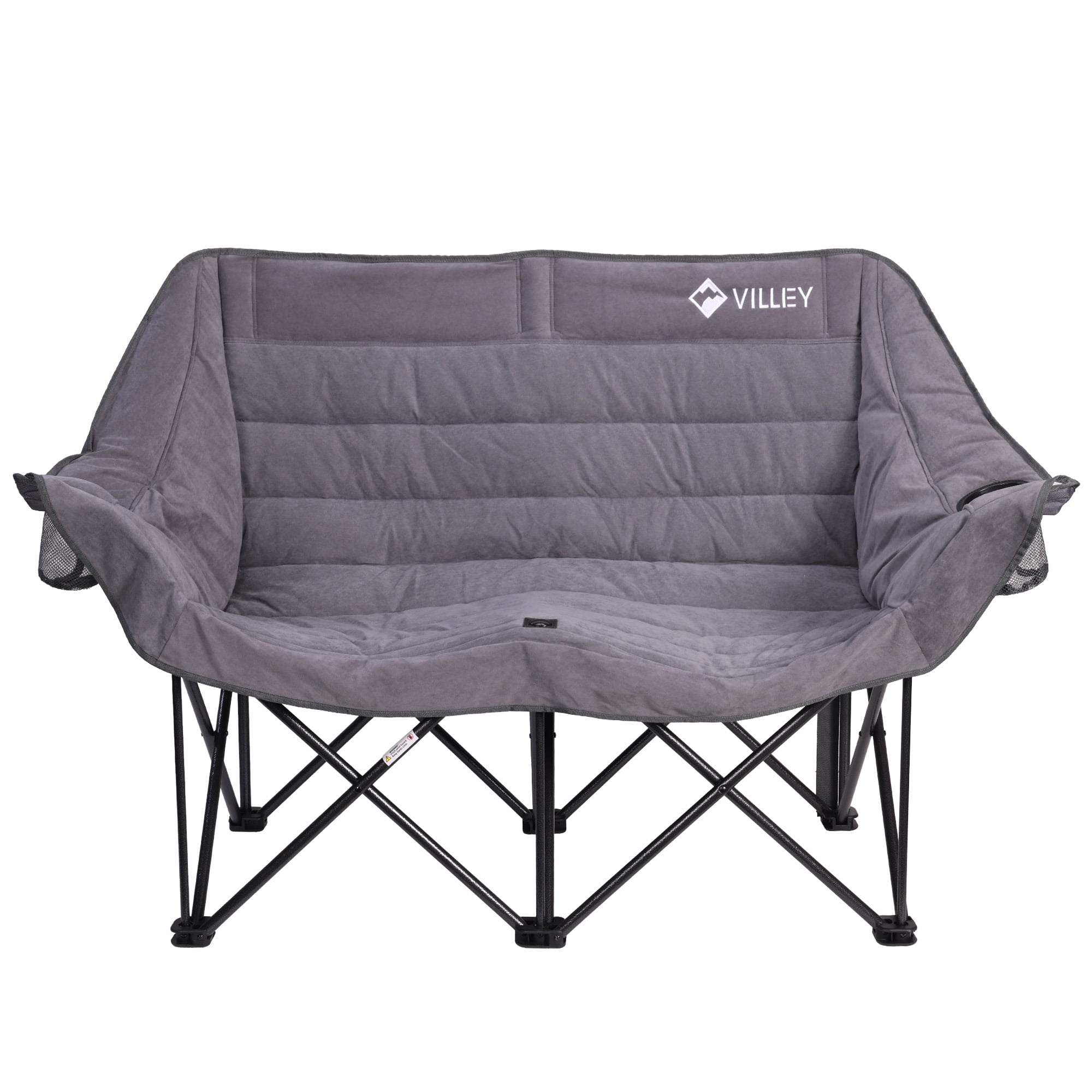 VILLEY Oversized Double Camping Chair, 800lbs Portable Folding Loveseat for Adults, Heavy Duty Suede Fabric, XL 2 Person Padded Chair with Cup Holders for Outdoor Camping, Lawn, Backyard