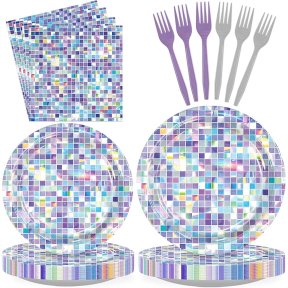 96Pcs Disco Iridescent Party Decorations,Serves 24 | Silver Plates and Napkins Tableware Set Shimmer Square Decoration for Girls Birthday Baby Shower Wedding Party Supplies