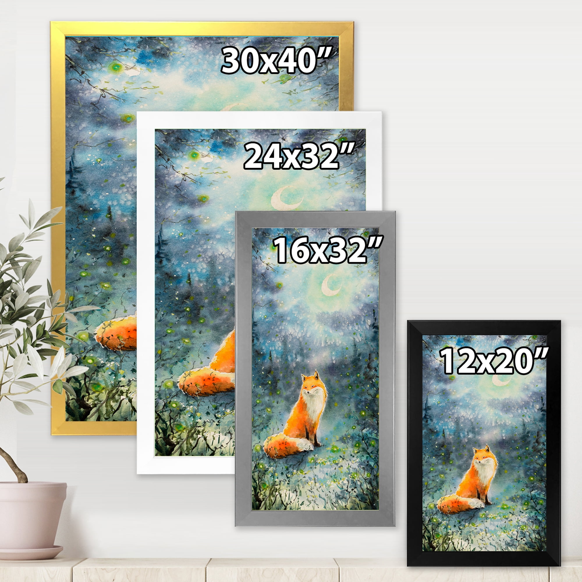 Designart 'Fox Over A Night Sky With Moon' Children's Art Framed Art Print