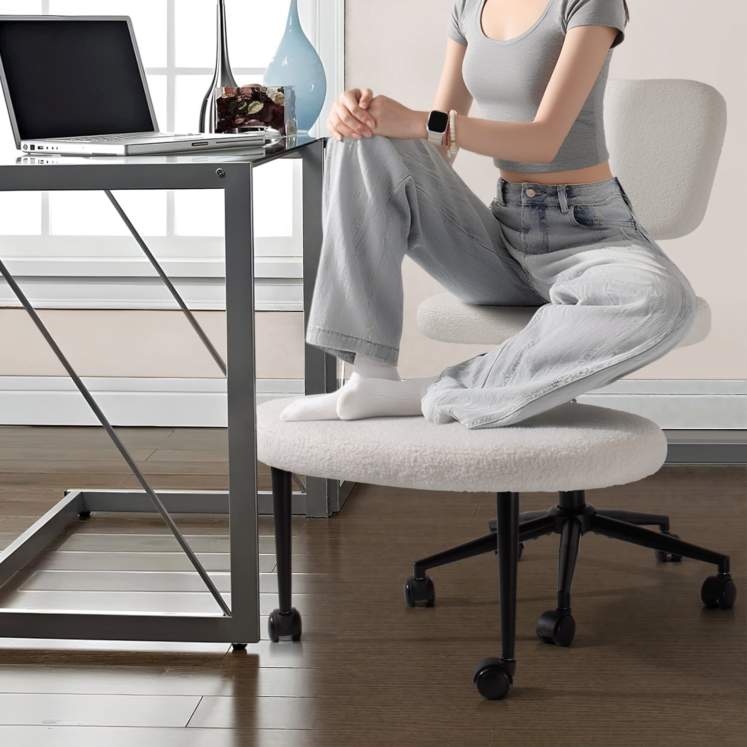 Waleaf Cross Legged Office Chair Swivel, Ergonomic ADHD Desk Chair with Wide Seat, Heavy Duty Boucle Yoga Meditation Chair for Adult