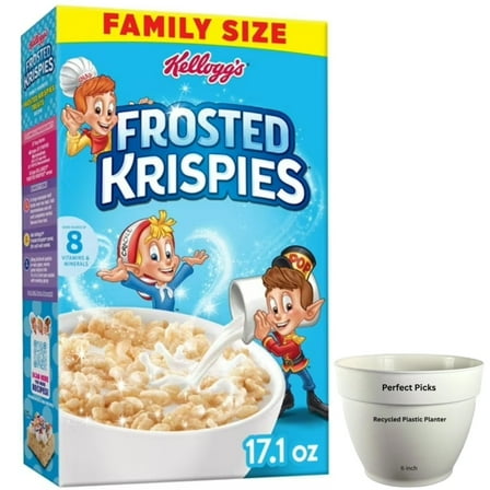 Kellogg's Frosted Krispies Breakfast Cereal, Kids Snacks, Family Breakfast, Family Size, Frosted Flavor, 17.1oz Box (1 Box), ‌Includes 1 Plastic Planter