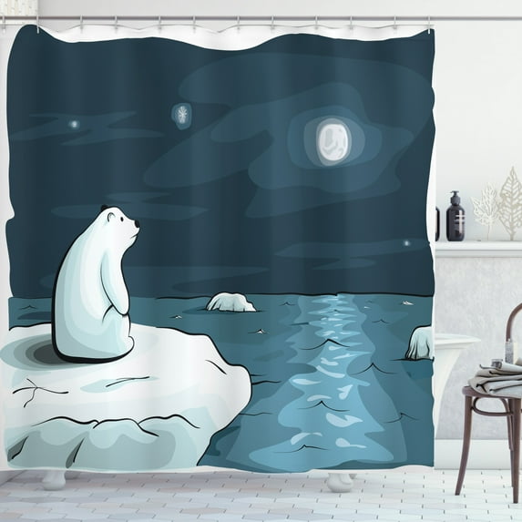 Ambesonne Winter Shower Curtain, Polar Bear Moon Cartoon, 69"Wx75"L, Blue White