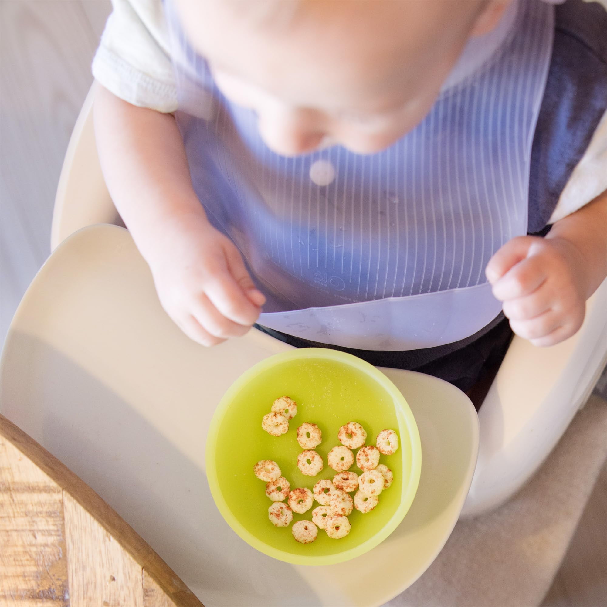 Olababy Training Spoon Set (Lime/Kale) + Fold N Go Silicone Baby Bib w Travel Case (Blueberry)