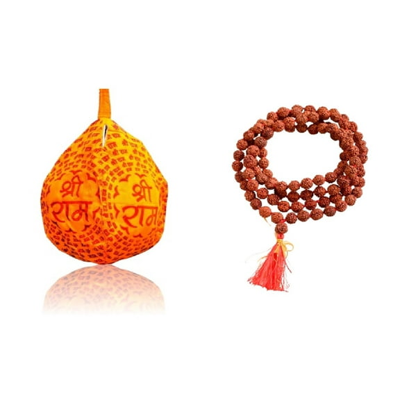Combo Pack of 108 Beads rudraksha and Cotton Shri Ram Gau Mukhi | Jaap Mala with Jaap Bag | Pack of 2 Items | for Prayer and Chanting By Kamada Creations