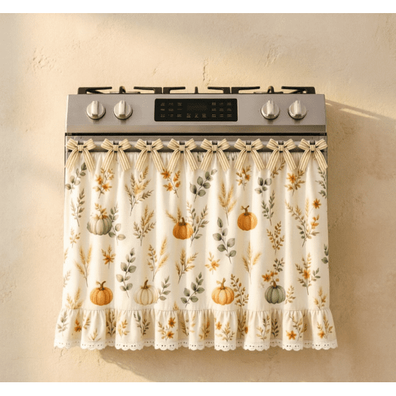 Farmhouse Kitchen Stove Curtain, Ruffled Lace Trim Stove Cover Curtain with Floral Prints, Decorative Oven Door Curtain for Vintage Kitchen Decor