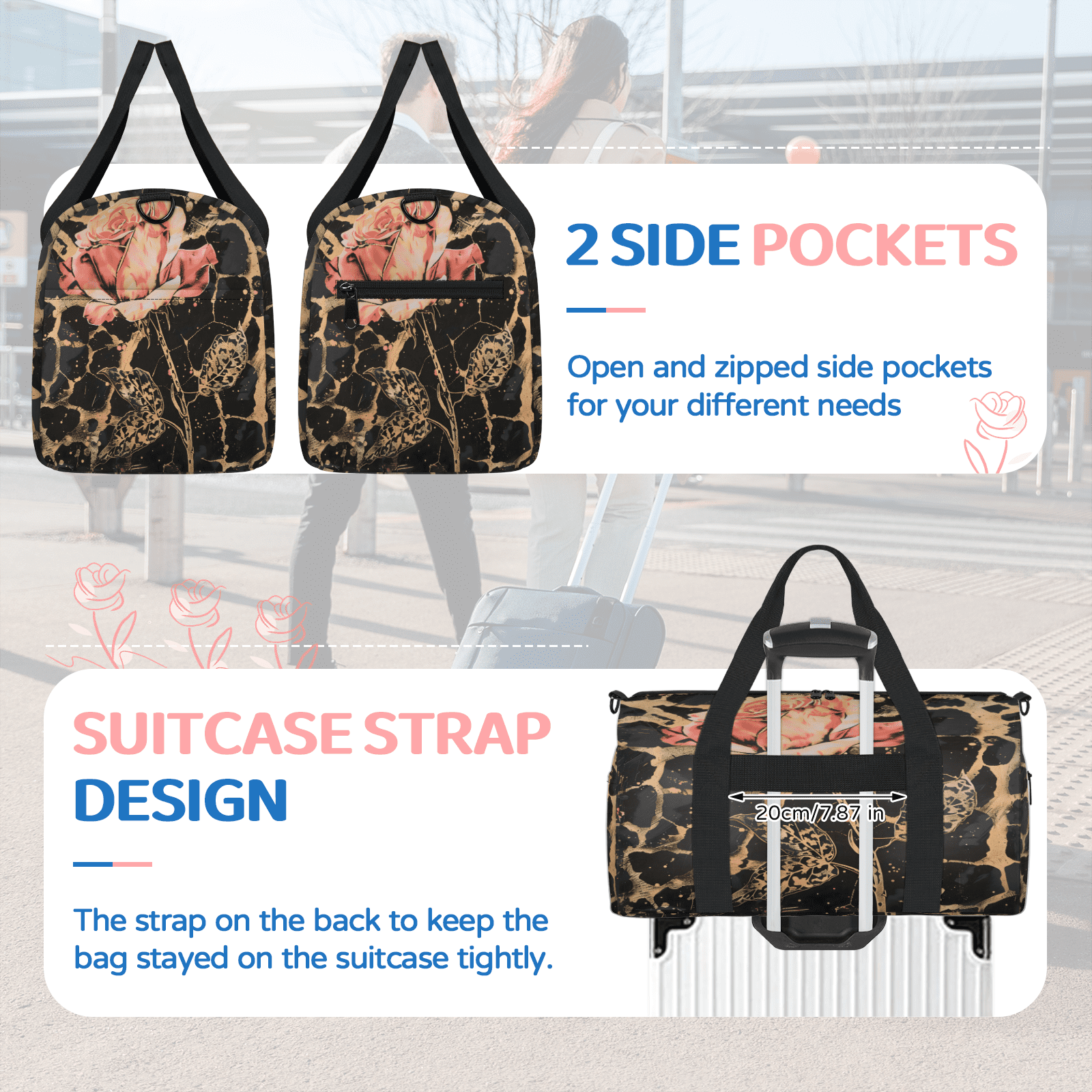 Herdesigns Leopard Print Rose Flower Gym Bag for Women, Duffle Bag for Travel Sport, Lightweight Waterproof Carry on Weekender Overnight Dance Yoga Workout Bags