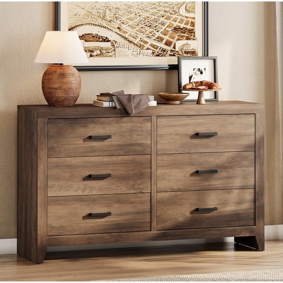 WAMPAT Farmhouse Wooden Sideboard with 6 Drawers, 53 Inch Wide Rustic Storage Sideboard Cabinet, Multi-Functional Buffet Cabinet for Living Room, Dinning Room, Brown