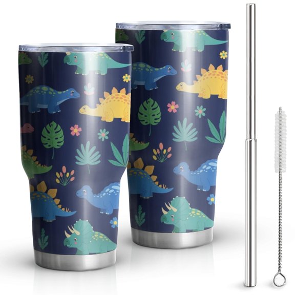 30oz Colorful Dinosaurs Plant Dark Blue Pattern Tumblers Stainless Steel Tumbler with Lid and Straw,Vacuum Insulated Double Wall Travel Tumbler Cups Mug with Cleaning Brush for Coffee,Tea