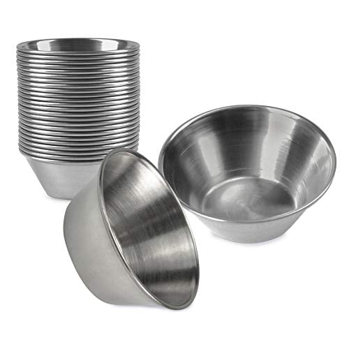 [24 Pack] 1.5 oz Stainless Steel Sauce Cups - Individual Round Condiments Ramekins, Commercial Grade Safe/Portion Dipping Sauce Kitchen Set