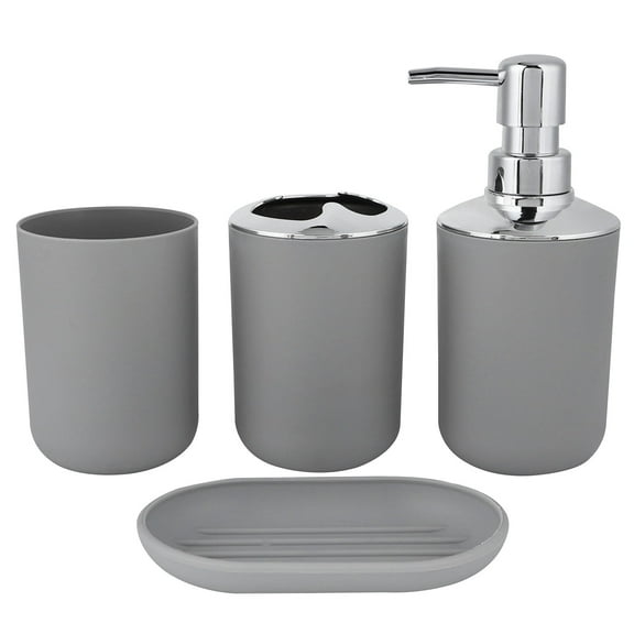 Bathroom Accessories Set, Deluxe 4 Piece Durable Bath Accessory Set with Soap Pump Dispenser, Toothbrush Holder, Tumbler & Soap Dish, Plastic Bathroom Vanity Countertop Accessory Set