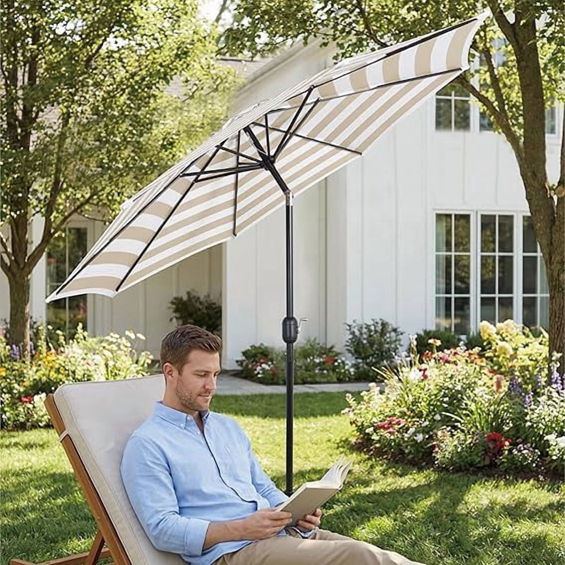 9FT Outdoor Patio Umbrella Beige White Stripe with Crank Lift and Tilt Decorative Striped Canopy UV Blocking Water Repellent for Backyard Garden