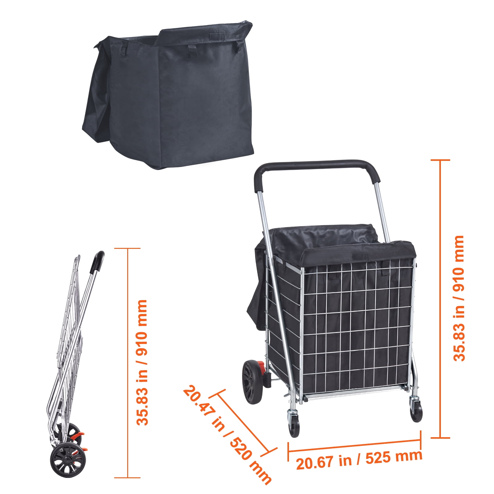 KFFKFF Folding Shopping Cart Utility Grocery Basket Cart Shopping Wheels 200 lbs