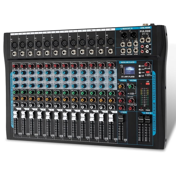 12 Channel Audio Interfacer Sound Board Mixer DJ Mixer 16-Bit DSP Effect USB Audio Mixer  48V Phantom Power Bluetooth Mixer for Karaoke Studio Streaming Recording,Live Streaming