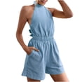 thumbnail image 2 of Aueoeo Summer Outfits for Women Vacation, Women's Summer Casual Sleeveless Jumpsuits Solid Color Wide Leg Shorts Halter Jumpsuit Sexy Rompers with Pockets, 2 of 4